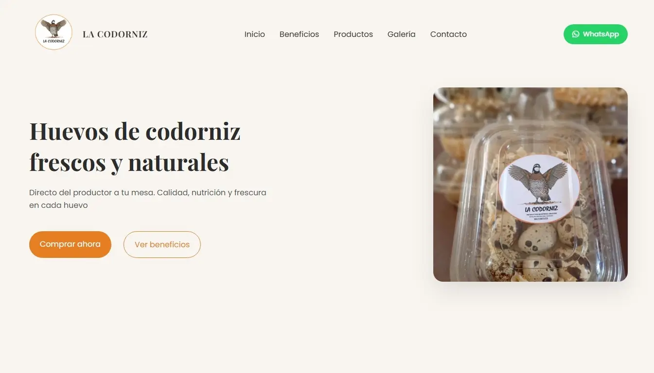 Landing page productora de huevos de codorniz