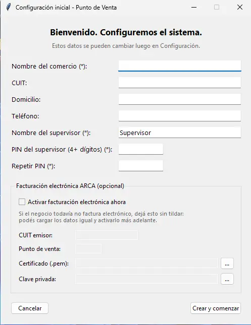 Configuración inicial del sistema POS