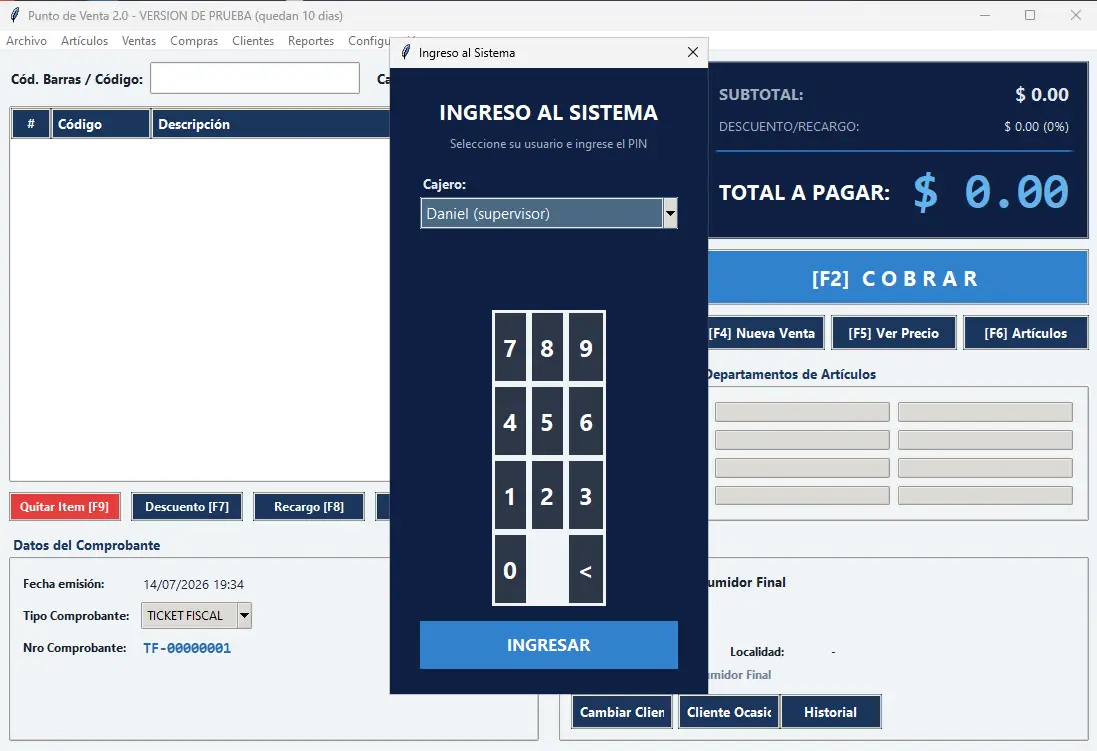 Ingreso al sistema con PIN por cajero